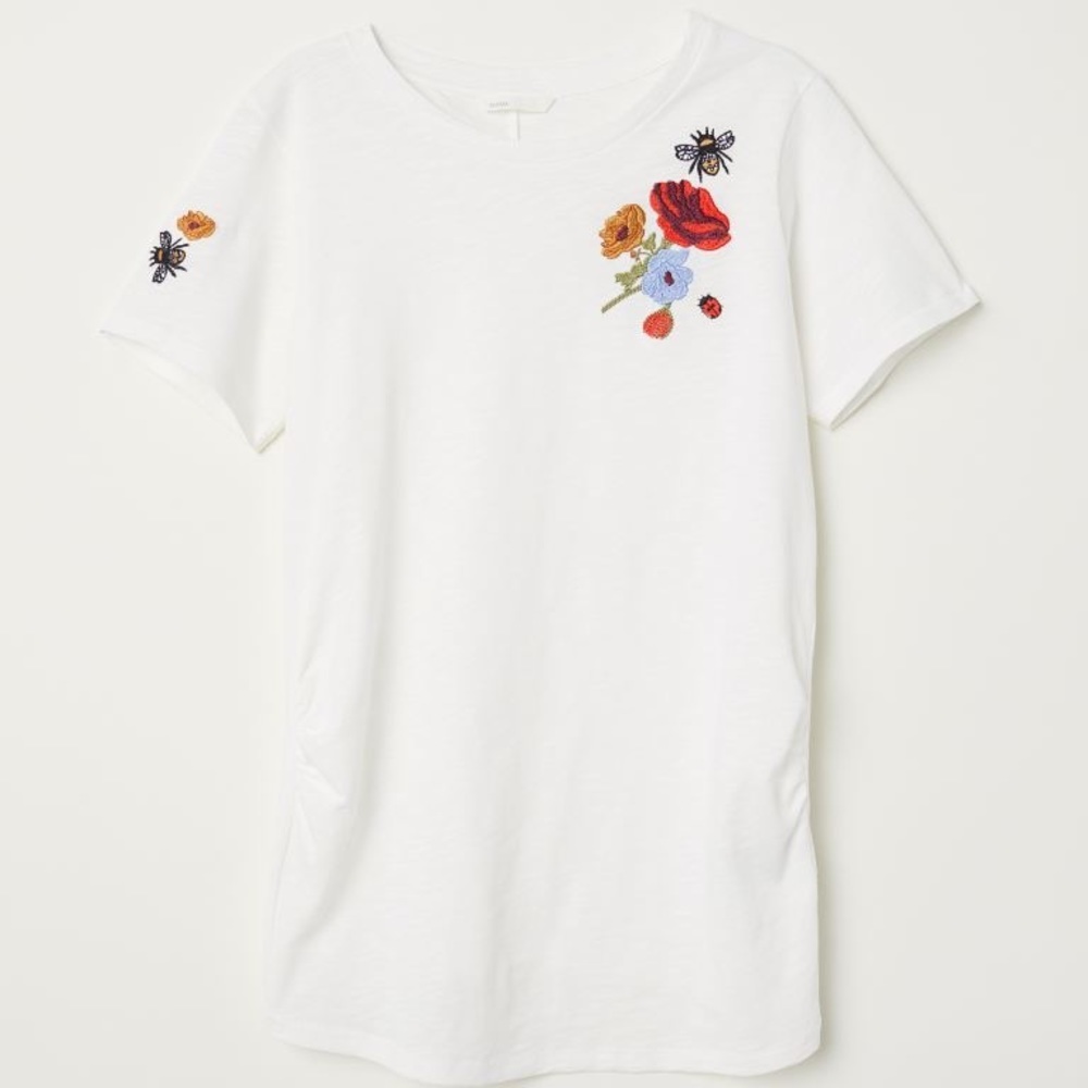 H&M White Short Sleeve Tee with Floral & Bee Embroidery